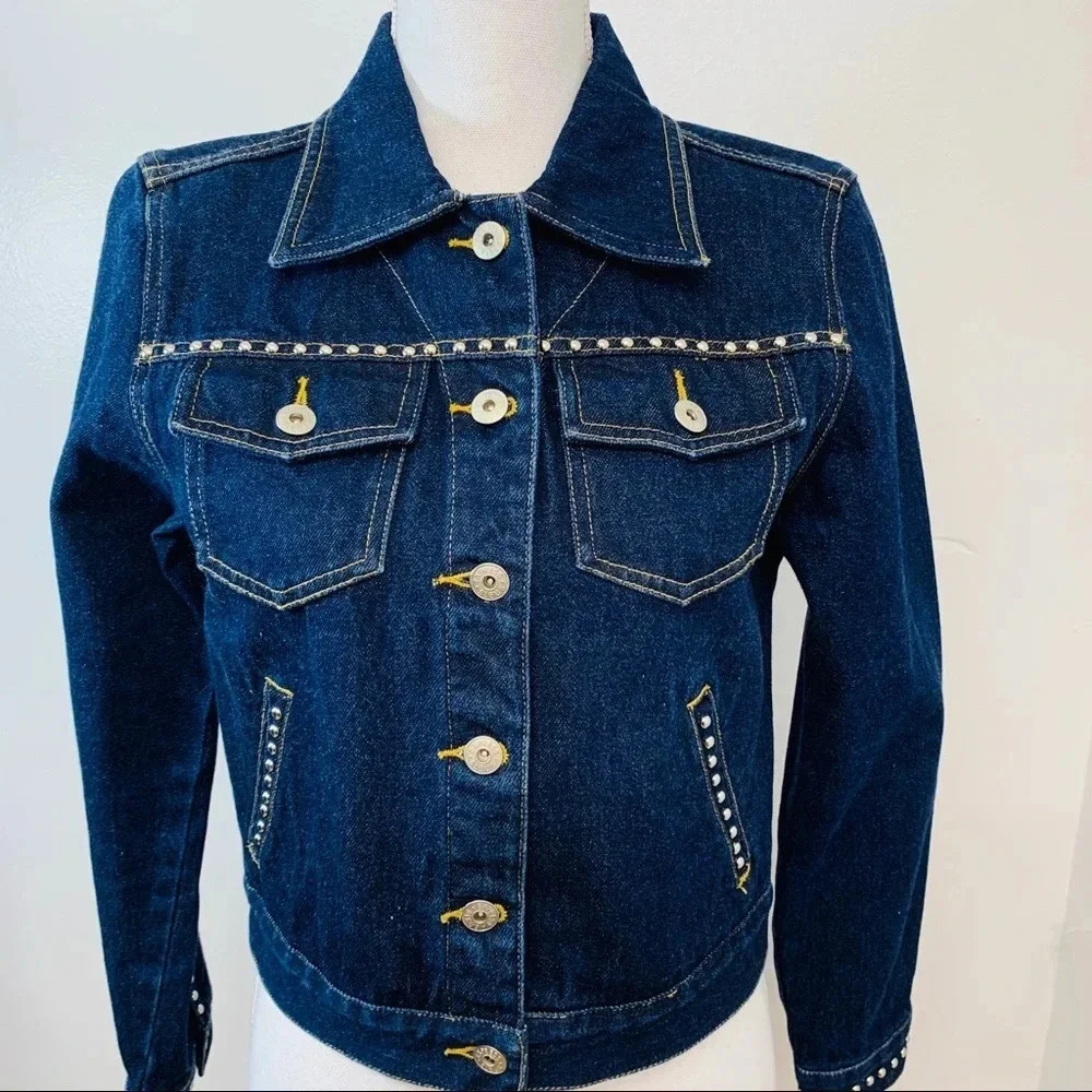 Express Bleus Woman Denim Studded Crop Jean Jacket Small‎ Blue  Pockets Y2K 90s